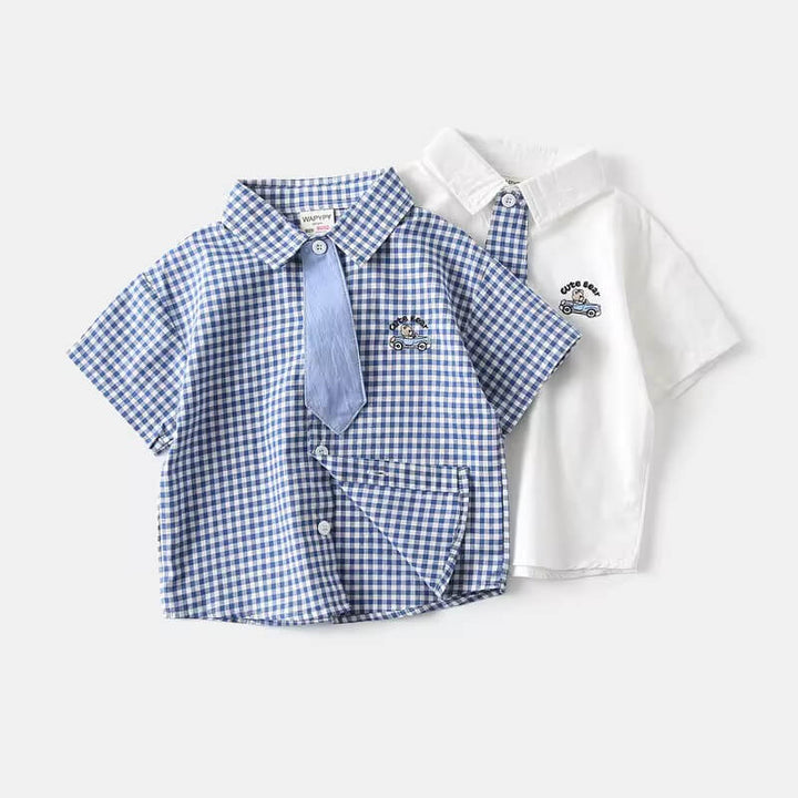 Baby boy’s checked cotton shirt with matching tie – soft breathable casual top, front view