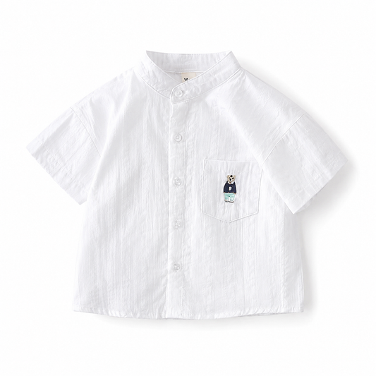Toddler boy’s white and blue solid cotton shirt with turtle collar – soft breathable casual top