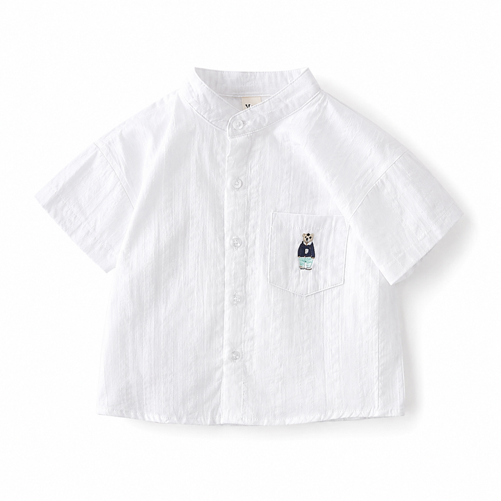 Toddler boy’s white and blue solid cotton shirt with turtle collar – soft breathable casual top