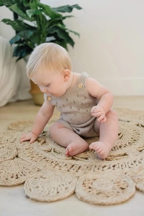 Knitted Baby Rompers in (Taupe & White)