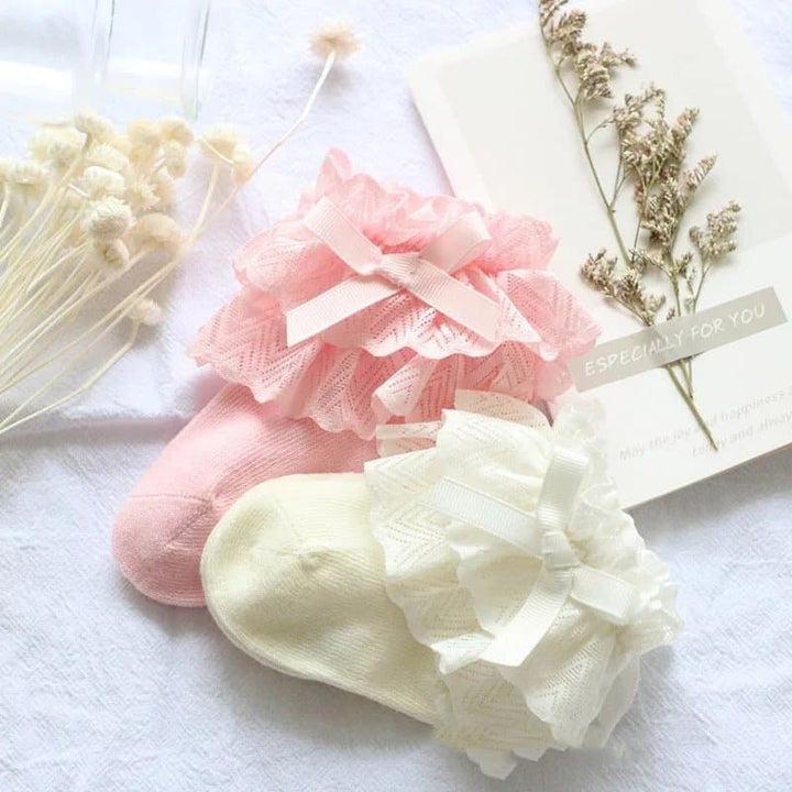 Lace Baby Girl Socks in Pink & Off-White | 6–12 Months
