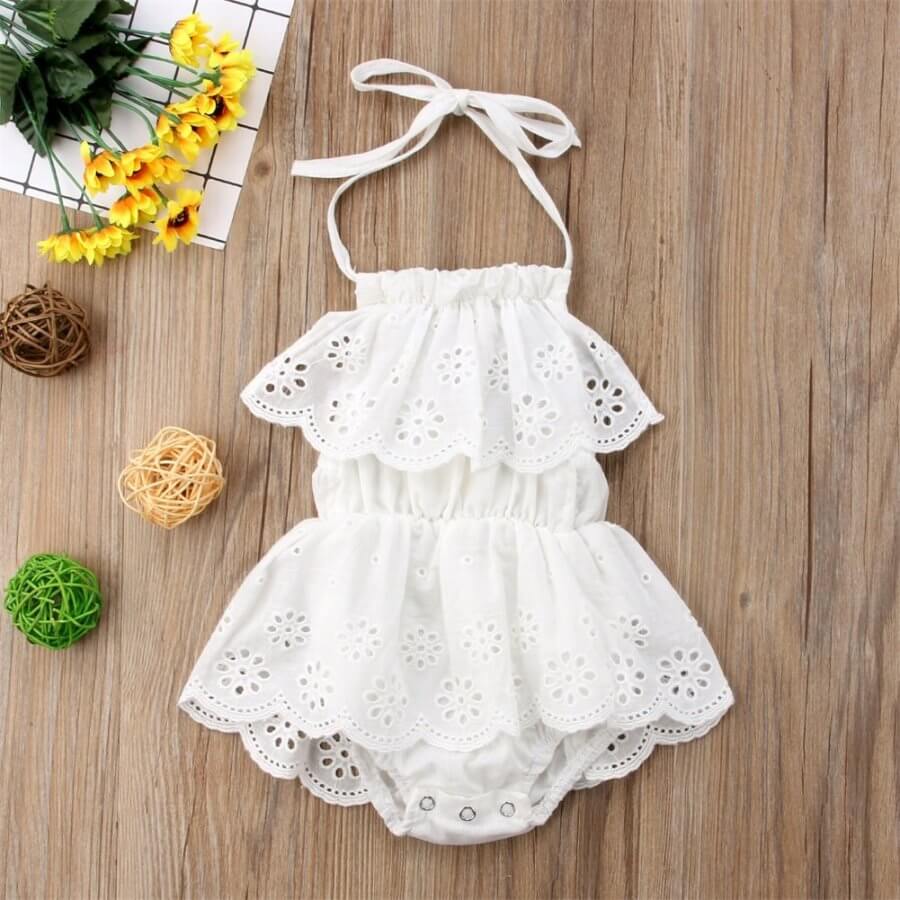 White Halter Neck Cotton Rompers - Main Image