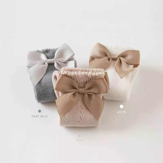 Knitted Knee-Length Baby Girl Socks with Satin Bow | 6–24M