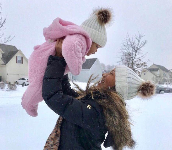 Knitted Cotton Double Pom Beanie – Mom & baby Set
