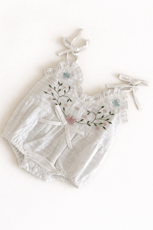White Embroidered Spaghetti Ruffle Romper Butterfly