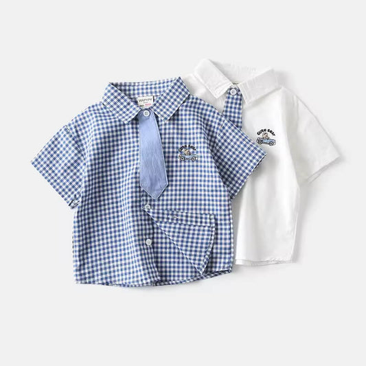 Baby boy’s checked cotton shirt with matching tie – soft breathable casual top, front view