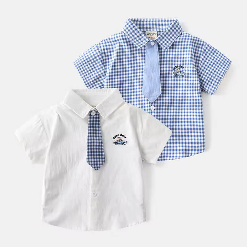 Baby boy’s checked cotton shirt with matching tie – soft breathable casual top, front view