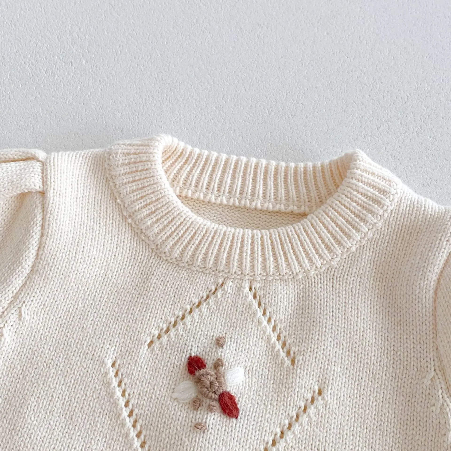Cream Knitted Romper with Embroidery