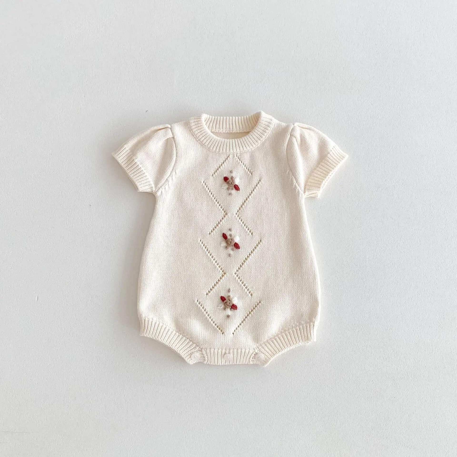 Cream Knitted Romper with Embroidery