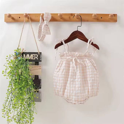 Beige Checked Spaghetti Romper