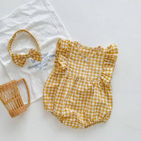 Yellow Checked Ruffle Sleeve Romper forBaby Girls