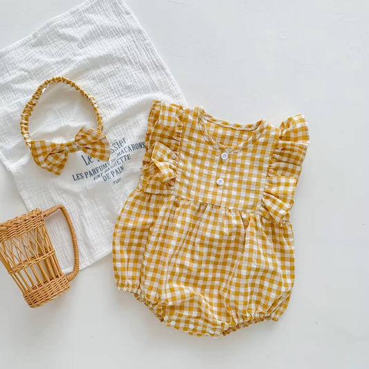 Yellow Checked Ruffle Sleeve Romper forBaby Girls