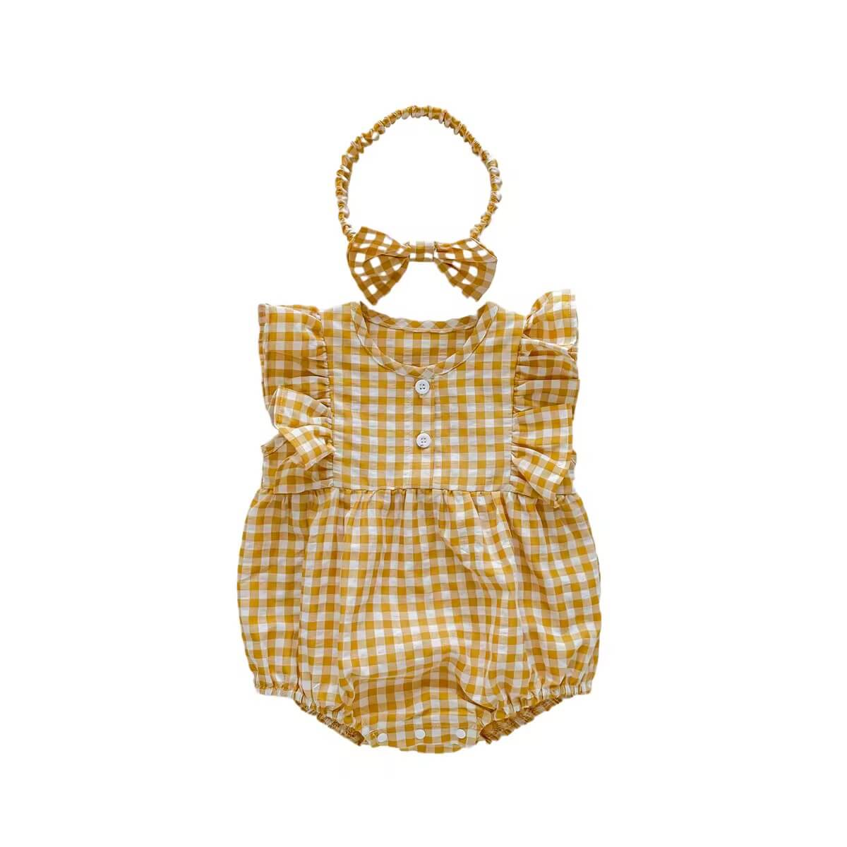 Yellow Checked Ruffle Sleeve Romper forBaby Girls