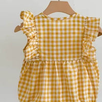 Yellow Checked Ruffle Sleeve Romper forBaby Girls