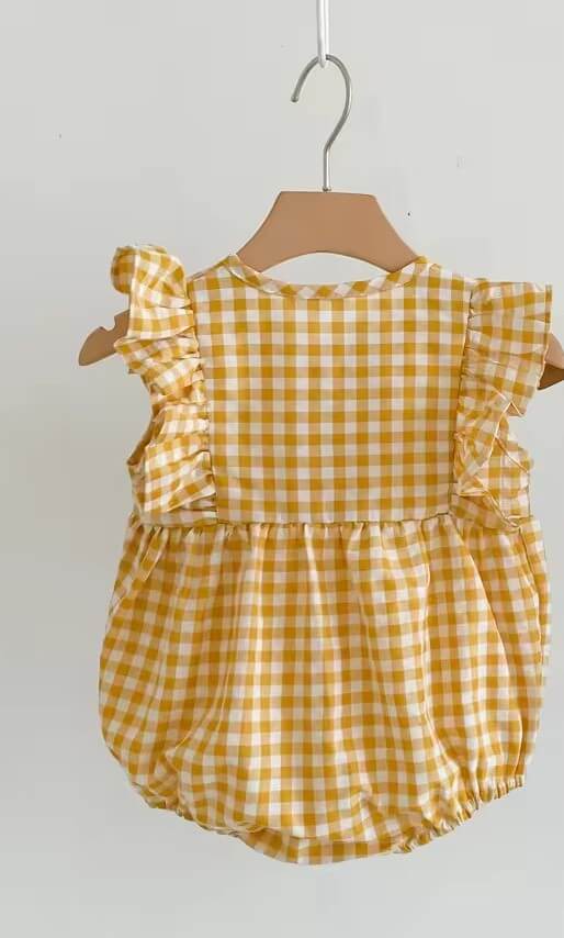 Yellow Checked Ruffle Sleeve Romper forBaby Girls
