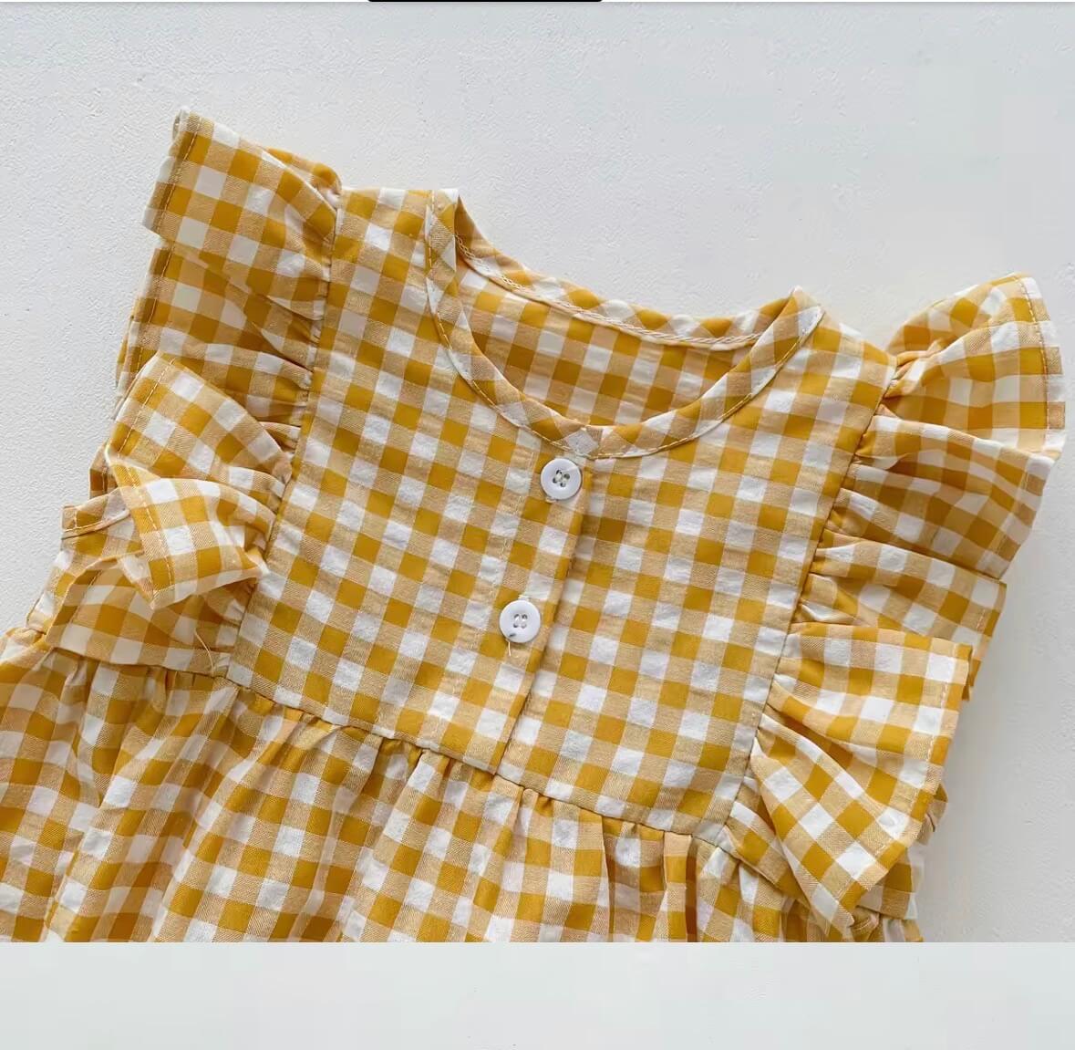 Yellow Checked Ruffle Sleeve Romper forBaby Girls