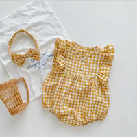 Yellow Checked Ruffle Sleeve Romper forBaby Girls