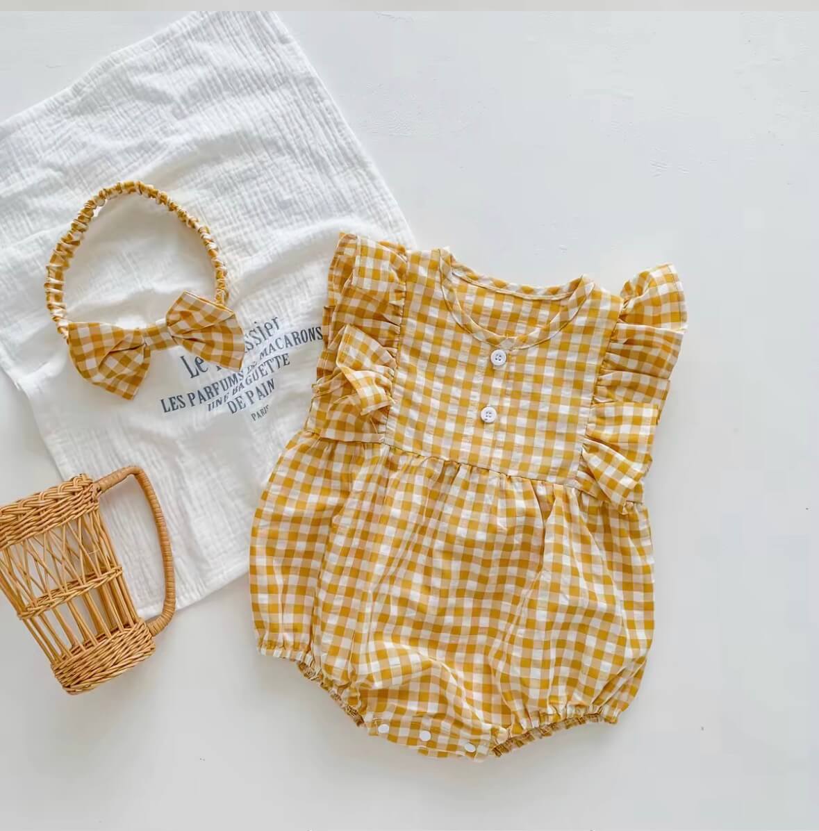 Yellow Checked Ruffle Sleeve Romper forBaby Girls