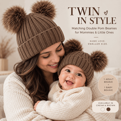 Knitted Cotton Double Pom Beanie – Mom & baby Set