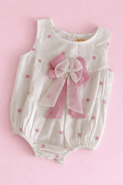 Off White Romper with Pink Organza Bow