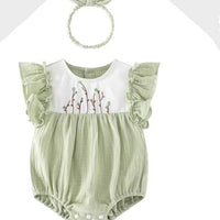 Muslin Cotton baby Girl Romper with hairband in Sage Green