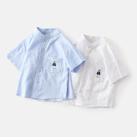 Toddler boy’s white and blue solid cotton shirt with turtle collar – soft breathable casual top