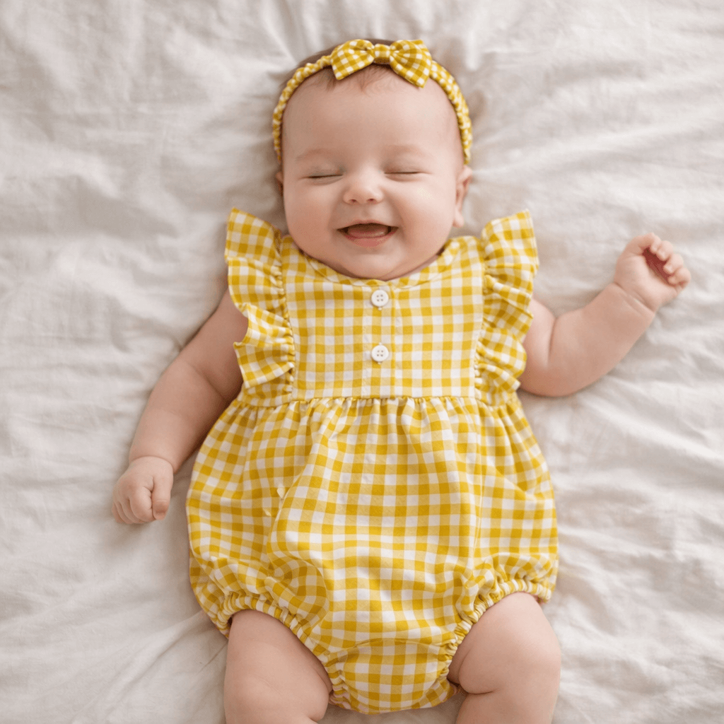 Yellow Checked Ruffle Sleeve Romper forBaby Girls