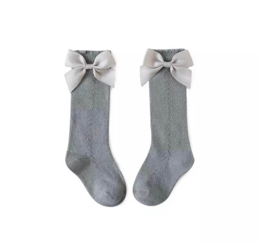 Knee Length Knitted Baby Girl Socks with Satin Bow