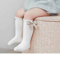 Knee Length Knitted Baby Girl Socks with Satin Bow