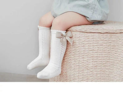 Knee Length Knitted Baby Girl Socks with Satin Bow