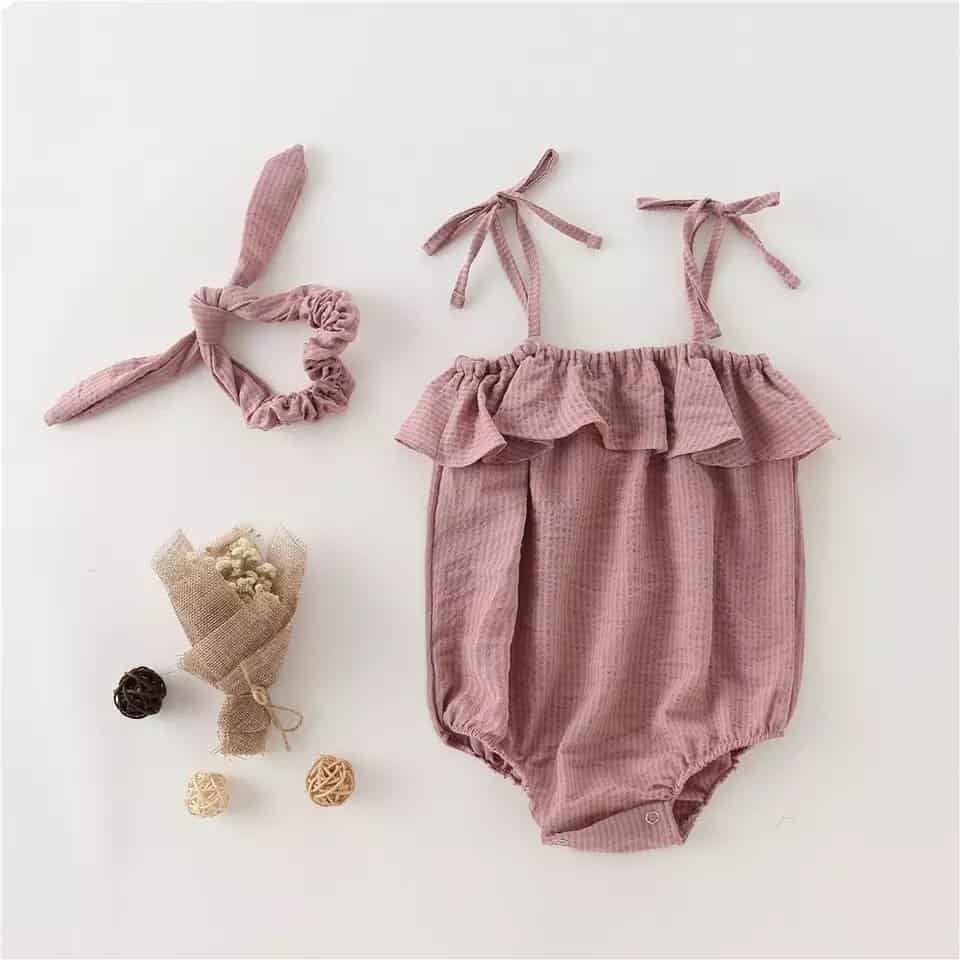 Onion Pink Spaghetti Rompers with Hairbands