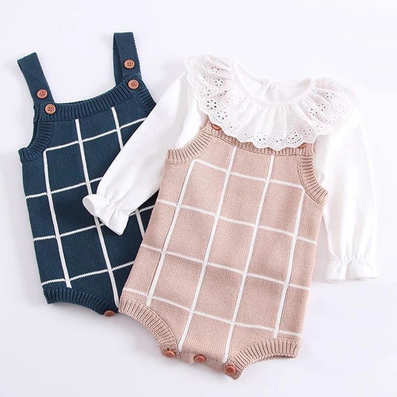 Cotton Checked Knitted Rompers (Beige, Blue & Green)