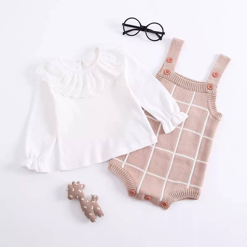 Cotton Checked Knitted Rompers (Beige, Blue & Green)