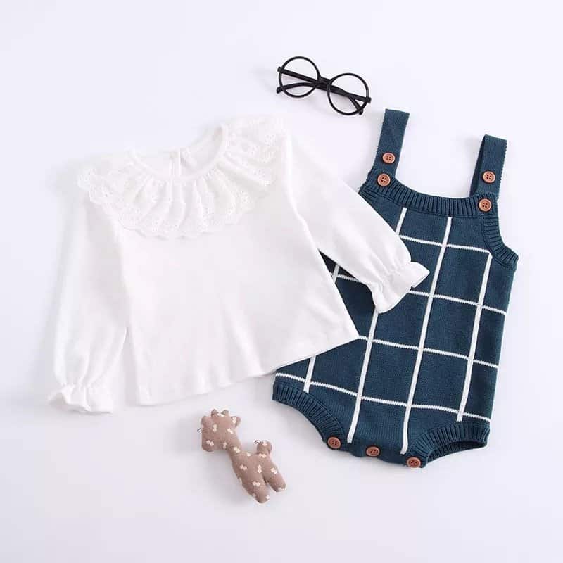 Cotton Checked Knitted Rompers (Beige, Blue & Green)