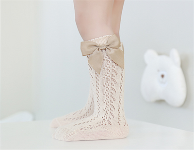 Knitted Knee-Length Baby Girl Socks with Satin Bow | 6–24M