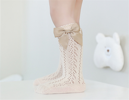Knitted Knee-Length Baby Girl Socks with Satin Bow | 6–24M